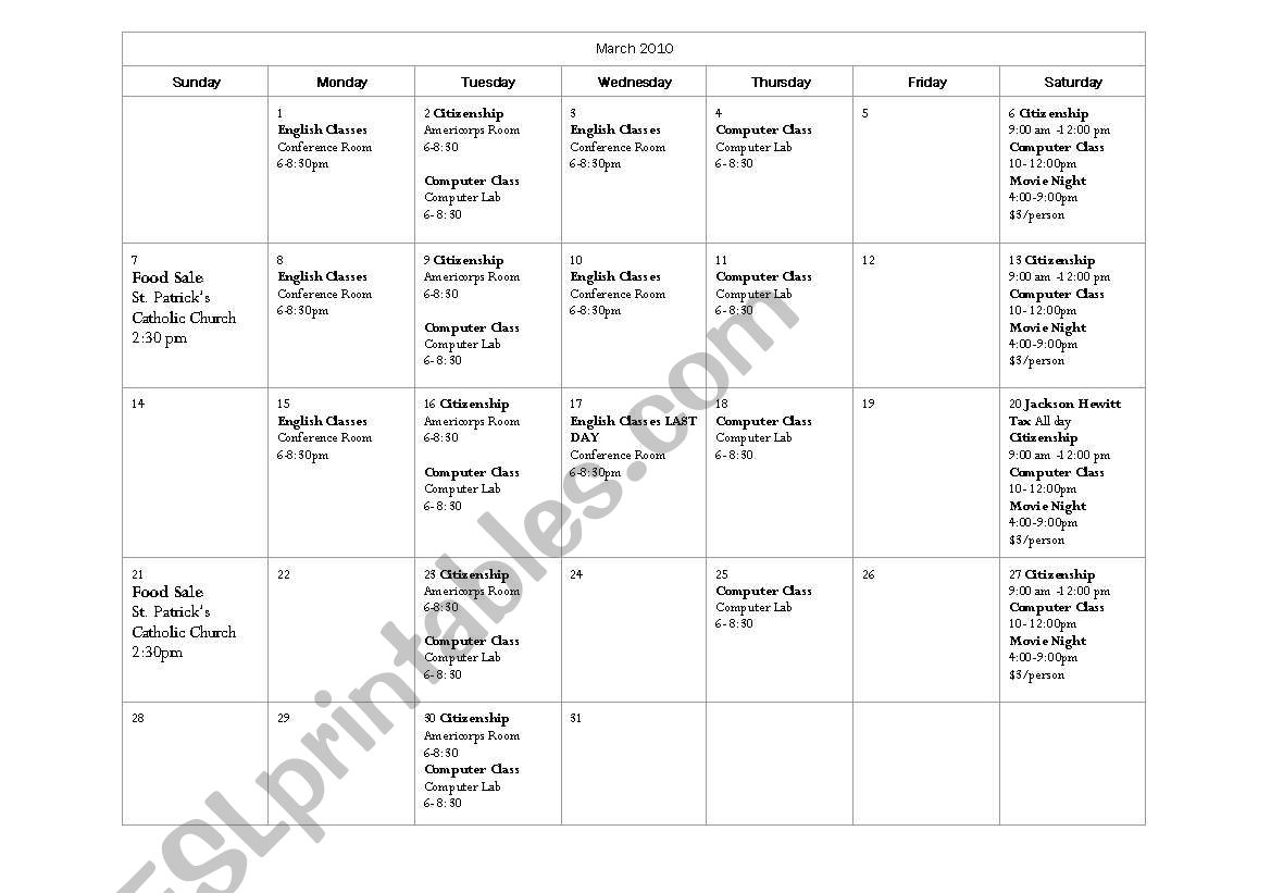 March 2010 Calendar Exercise worksheet
