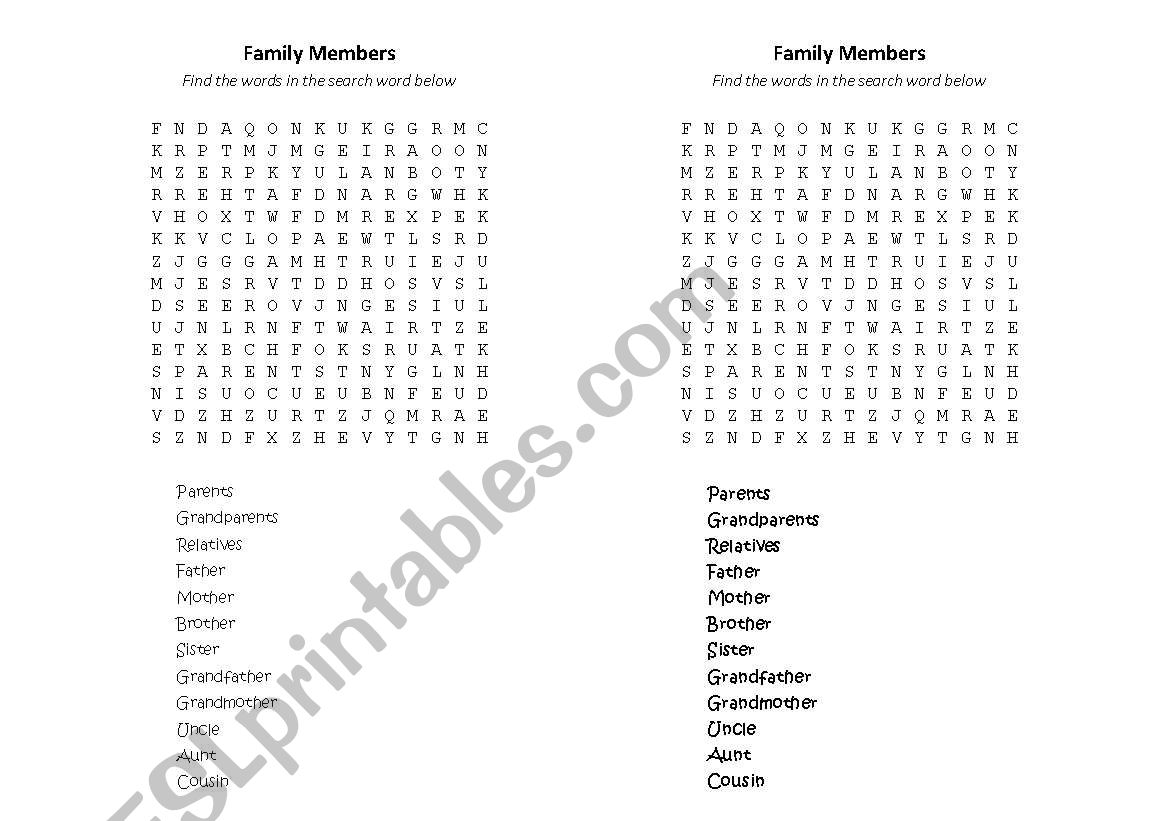Family Search word worksheet