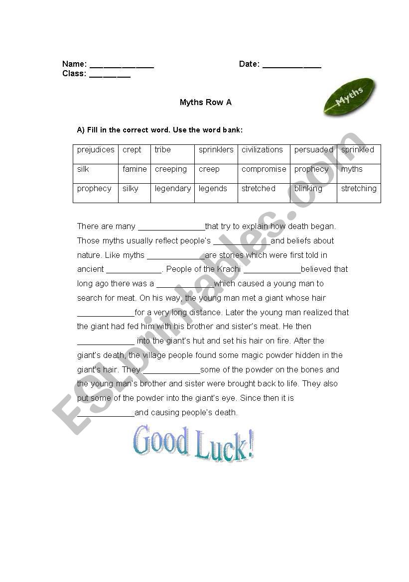 cloze Roq A+ B about Myths worksheet