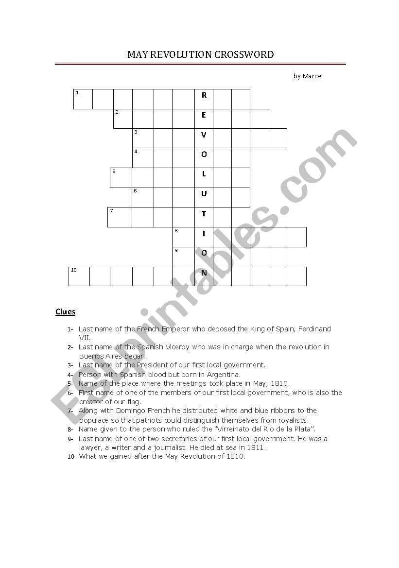 1810 ArgentinaÂ´s May Revolution Crossword