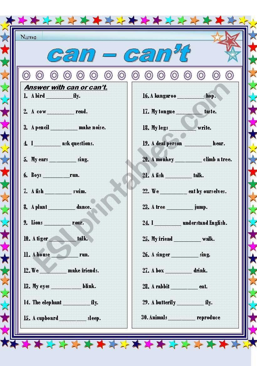 can - cant worksheet