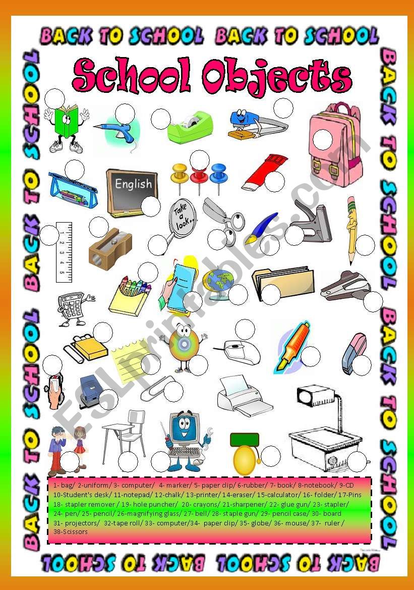 School Objects ( 38 object ) worksheet