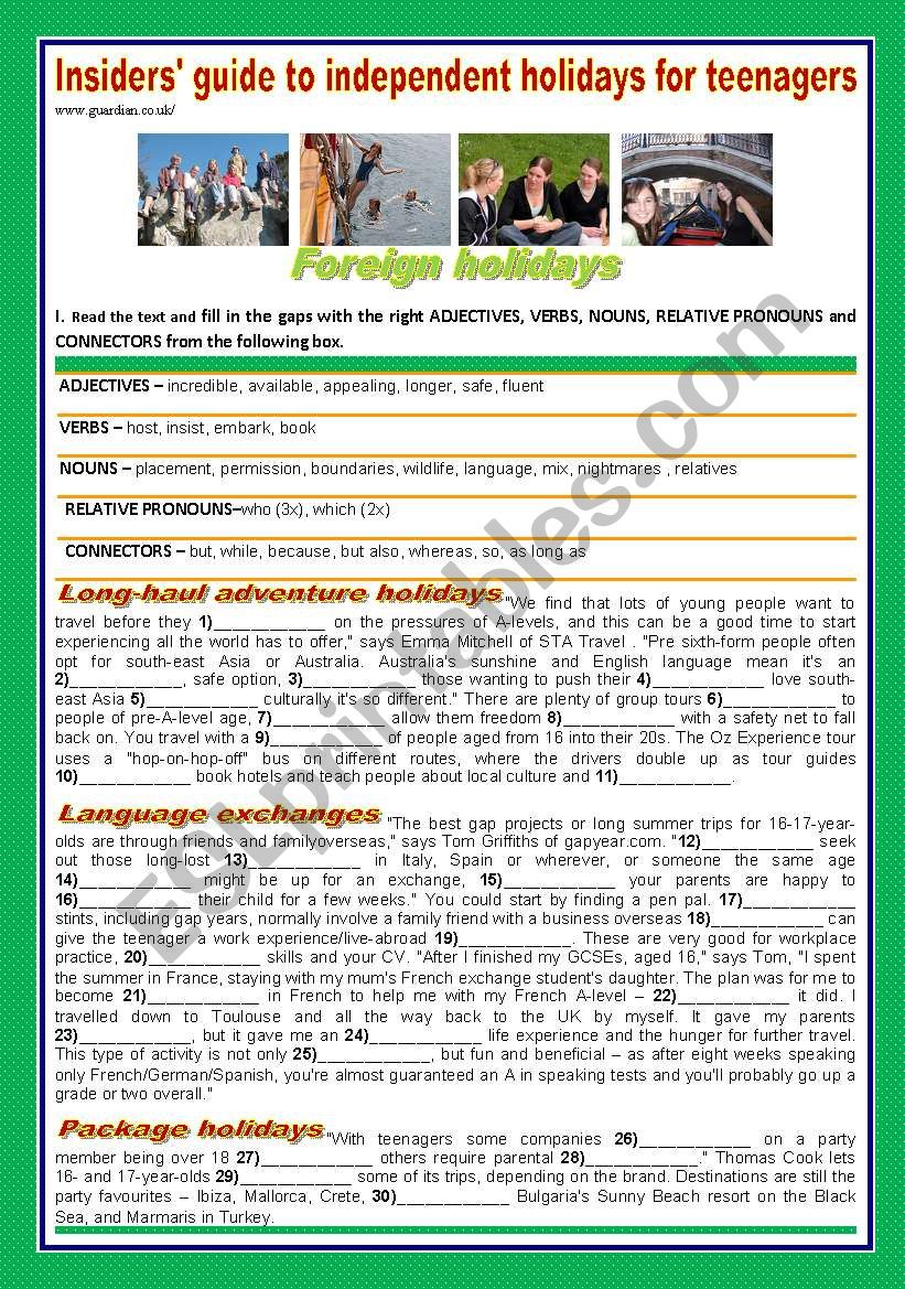 HOLIDAYS - INSIDERSÂ´GUIDE TO INDEPENDENT HOLIDAYS FOR TEENAGERS-PART 1- FOREIGN HOLIDAYS