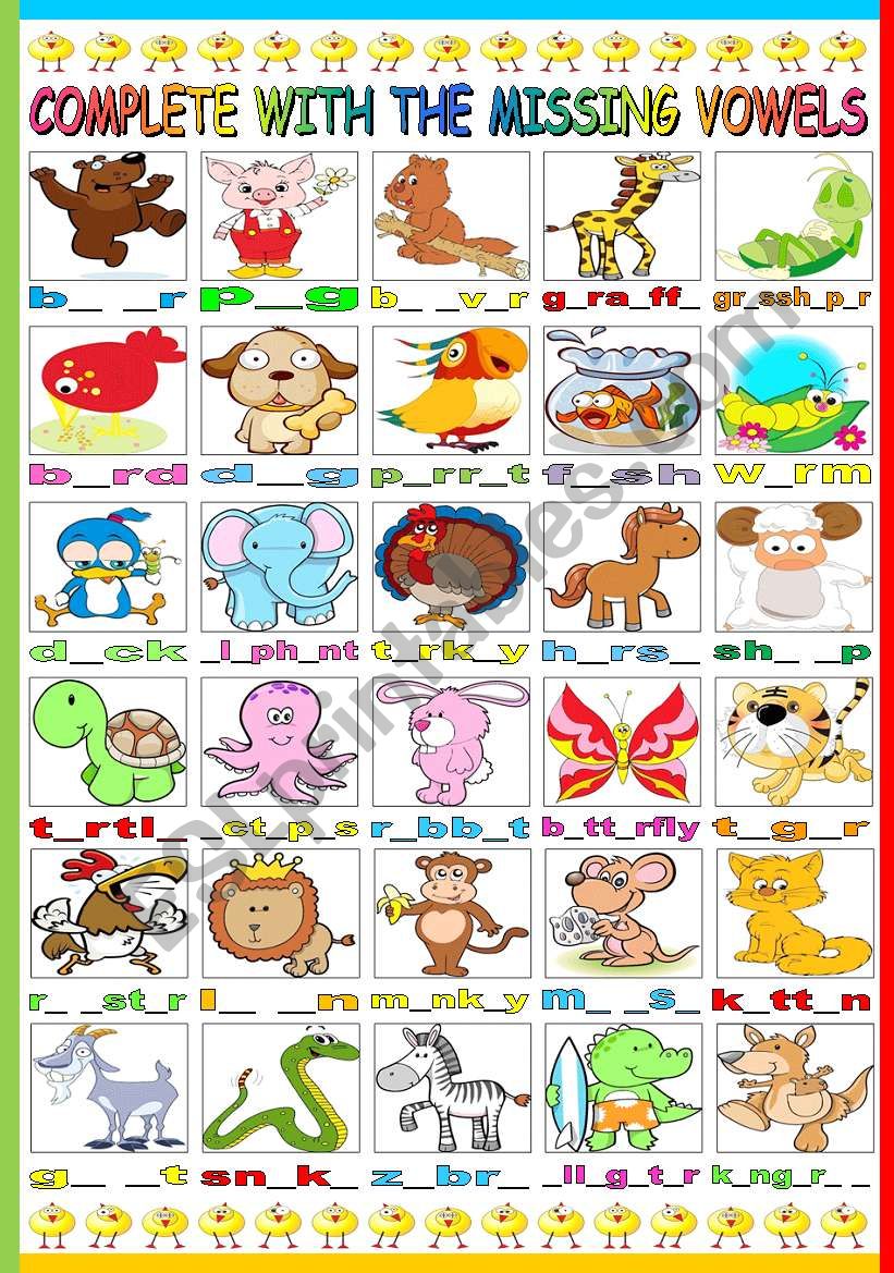 ANIMALS- COMPLETE WITH THE MISSING VOWELS (B&W VERSION INCLUDED) - ESL  worksheet by Katiana