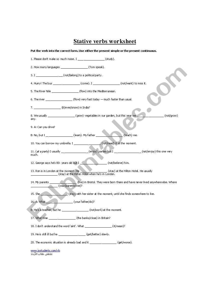stative verbs worksheets worksheet