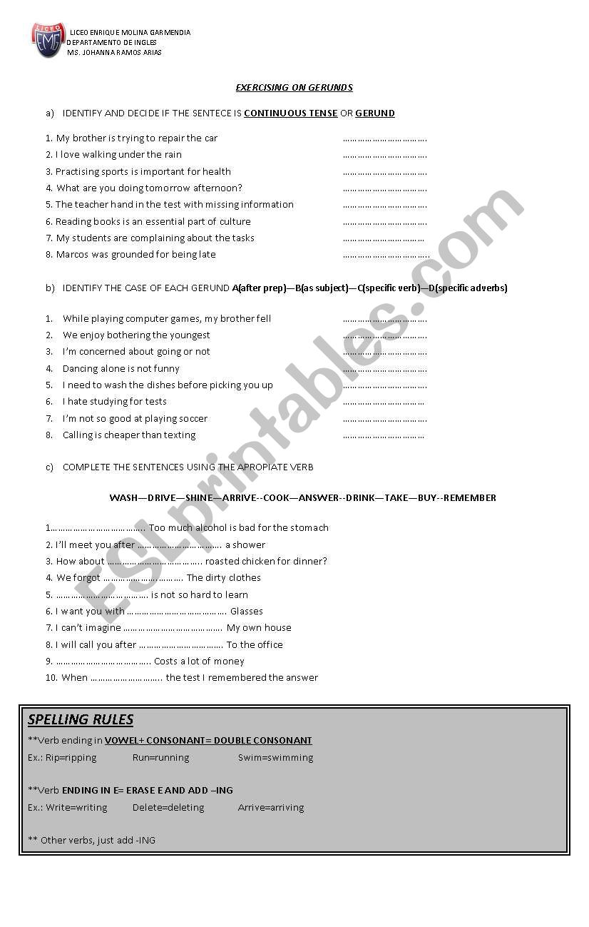 Exercising gerunds worksheet