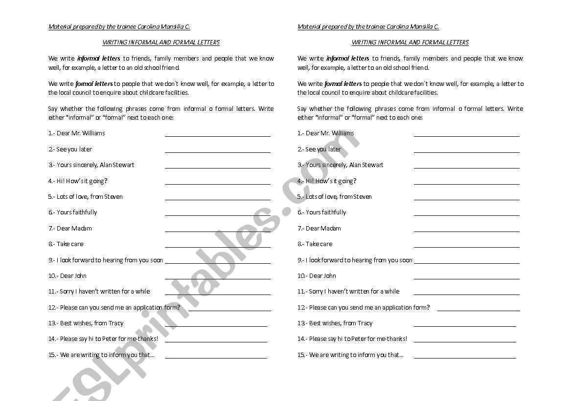 Formal or Informal worksheet