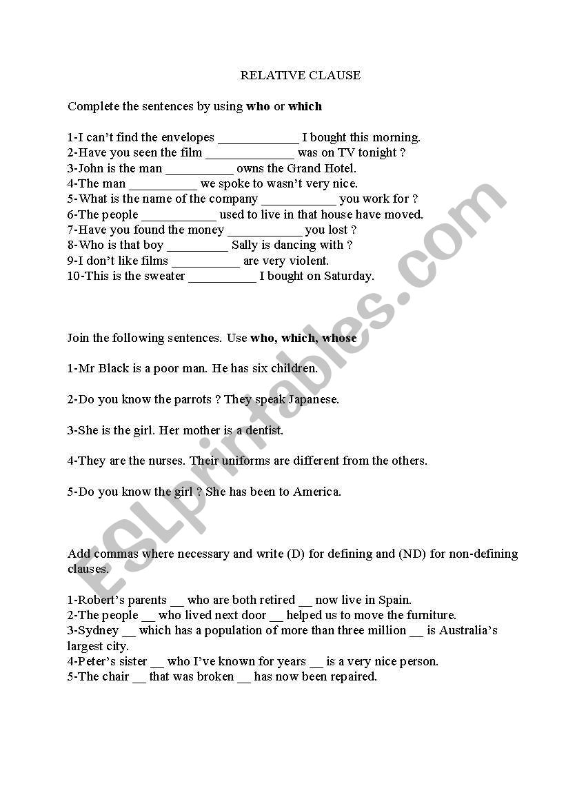 relative clauses worksheet