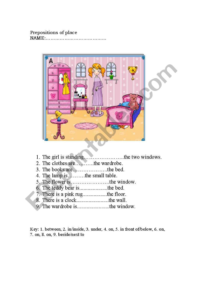 prepositions of place+ key worksheet