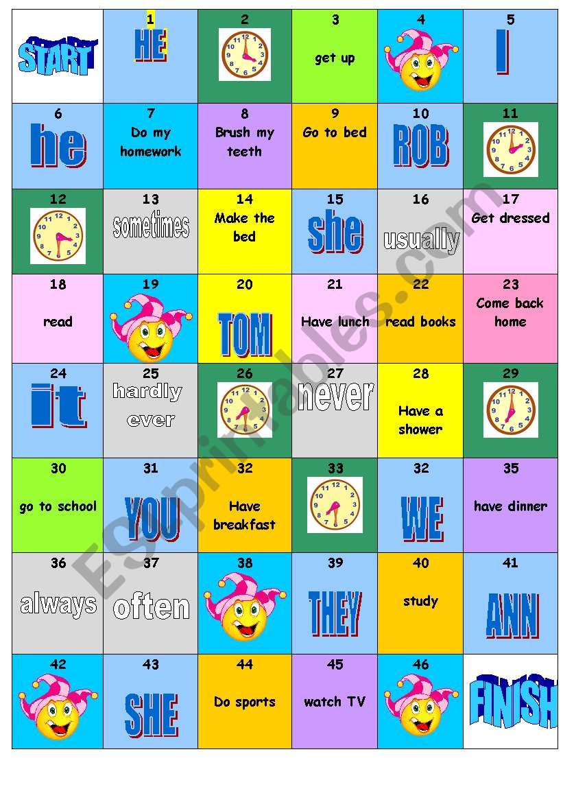 board game: daily routine+frequency adverbs+time