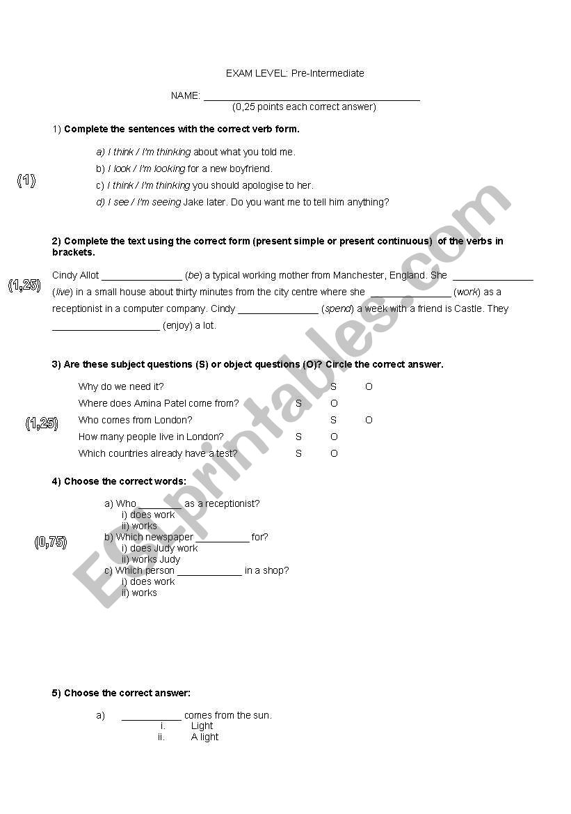 PRE INTERMEDIATE EXAM worksheet