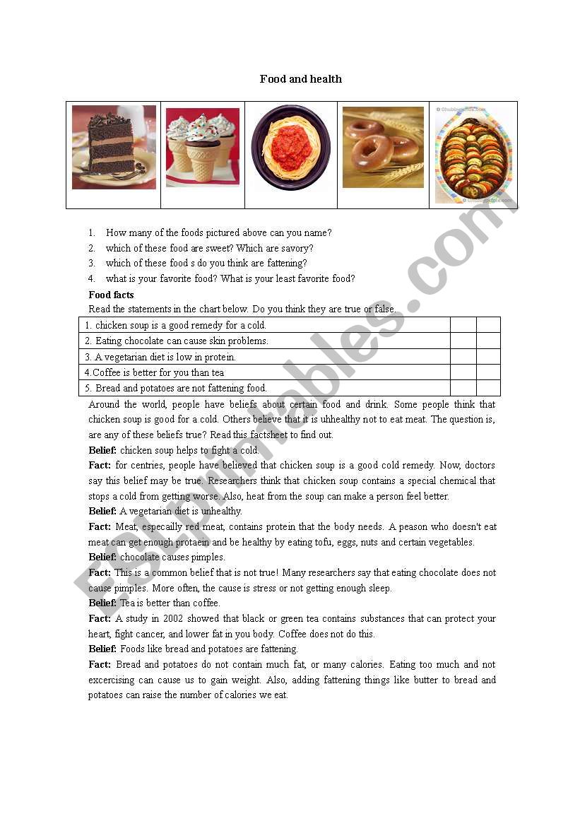 food and health worksheet