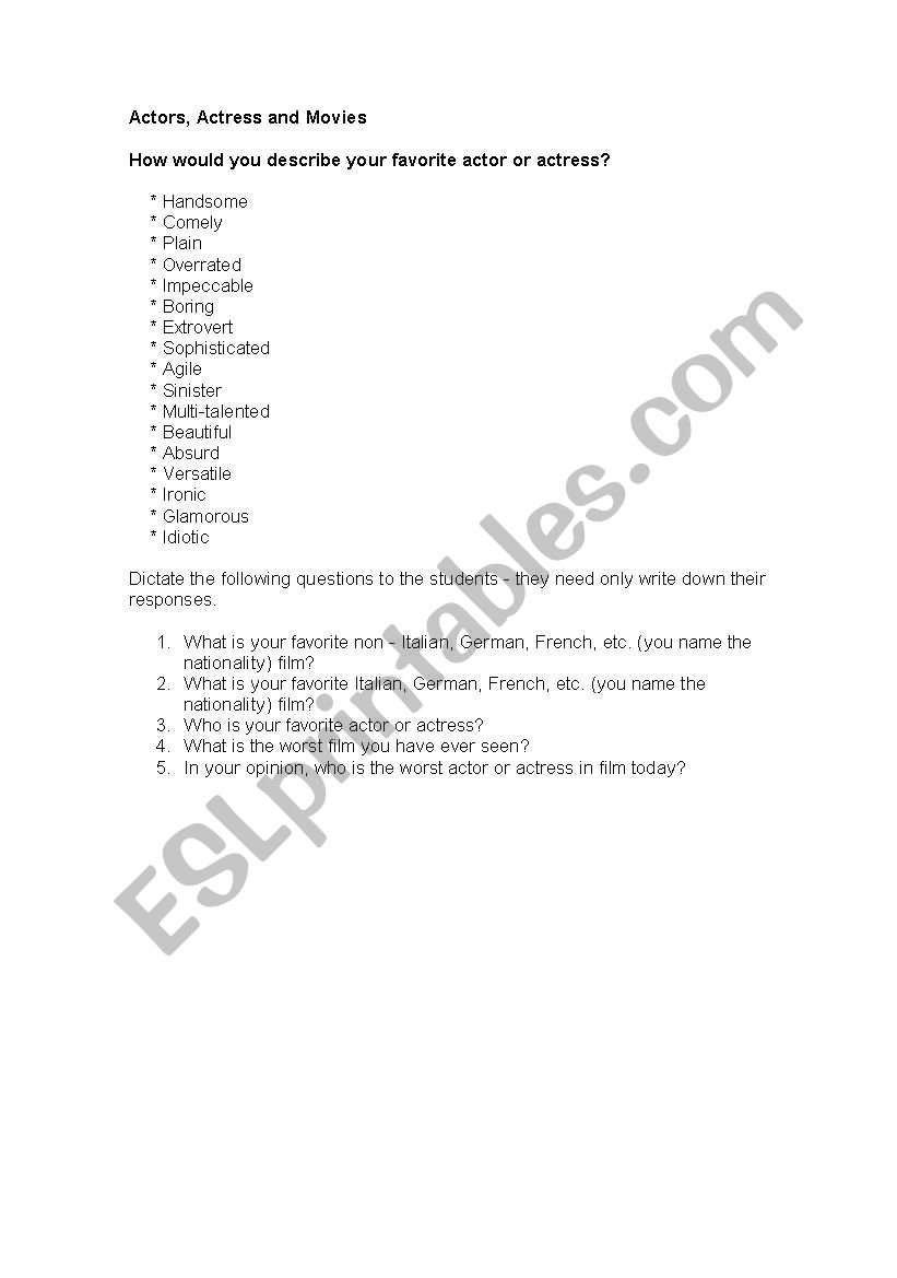 Actors, actress and movies worksheet