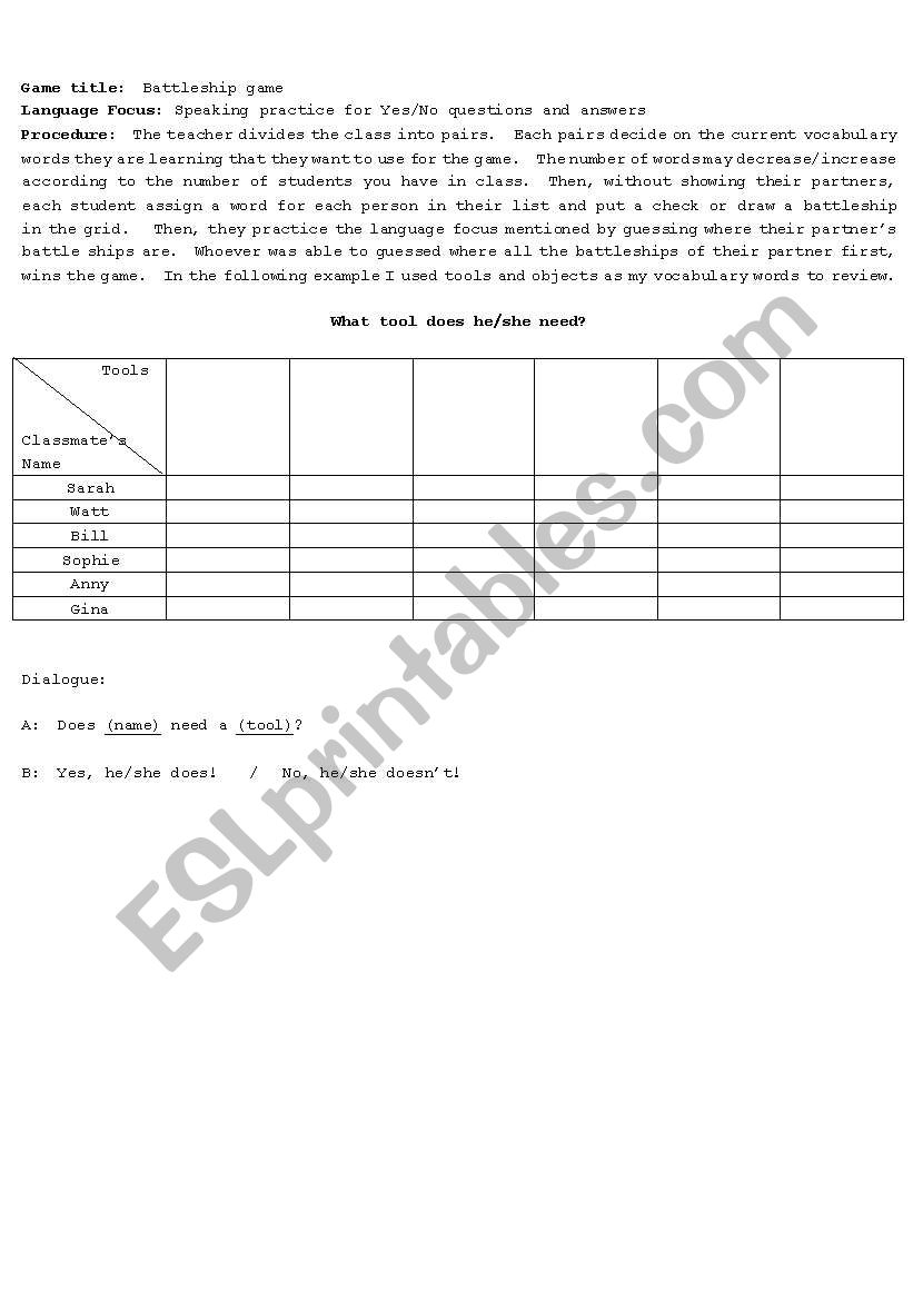 Battleships Game worksheet
