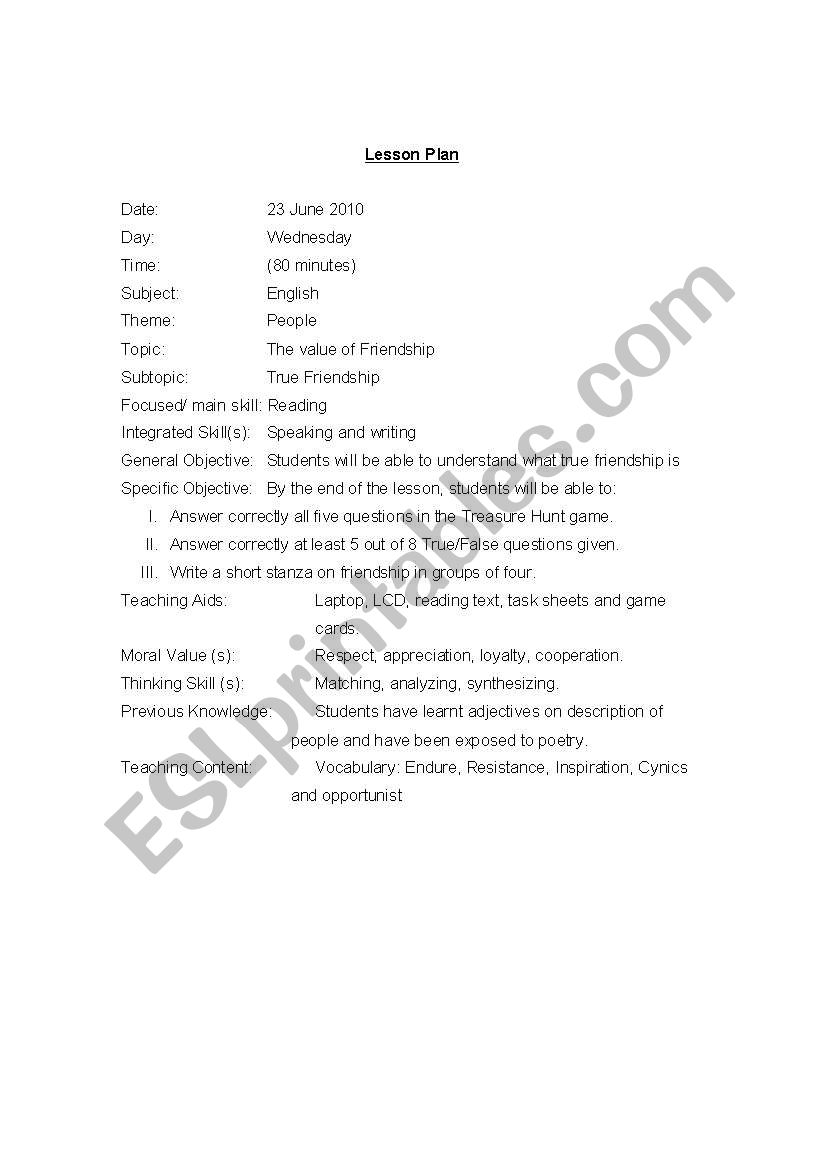 Lesson Plan - true friendship worksheet