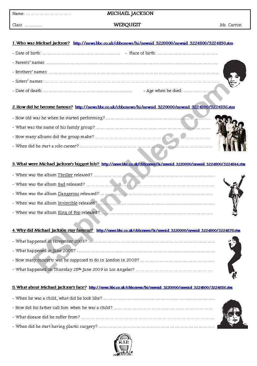 webquest Michael Jackson worksheet