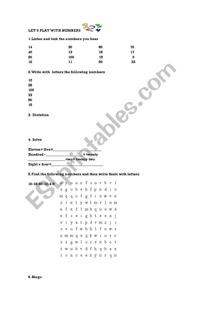 numbers worksheet