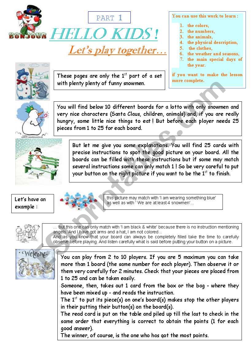 playing with snowmen part 1 worksheet