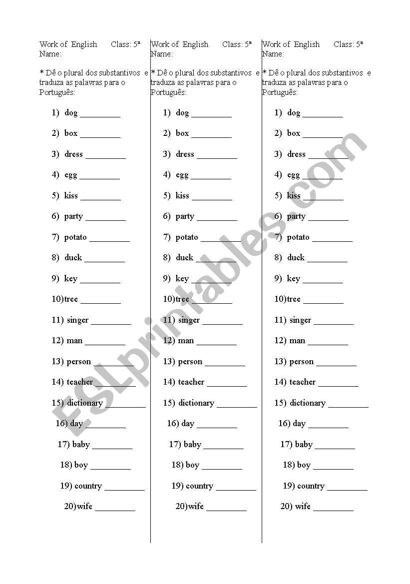 Pural of Nouns worksheet