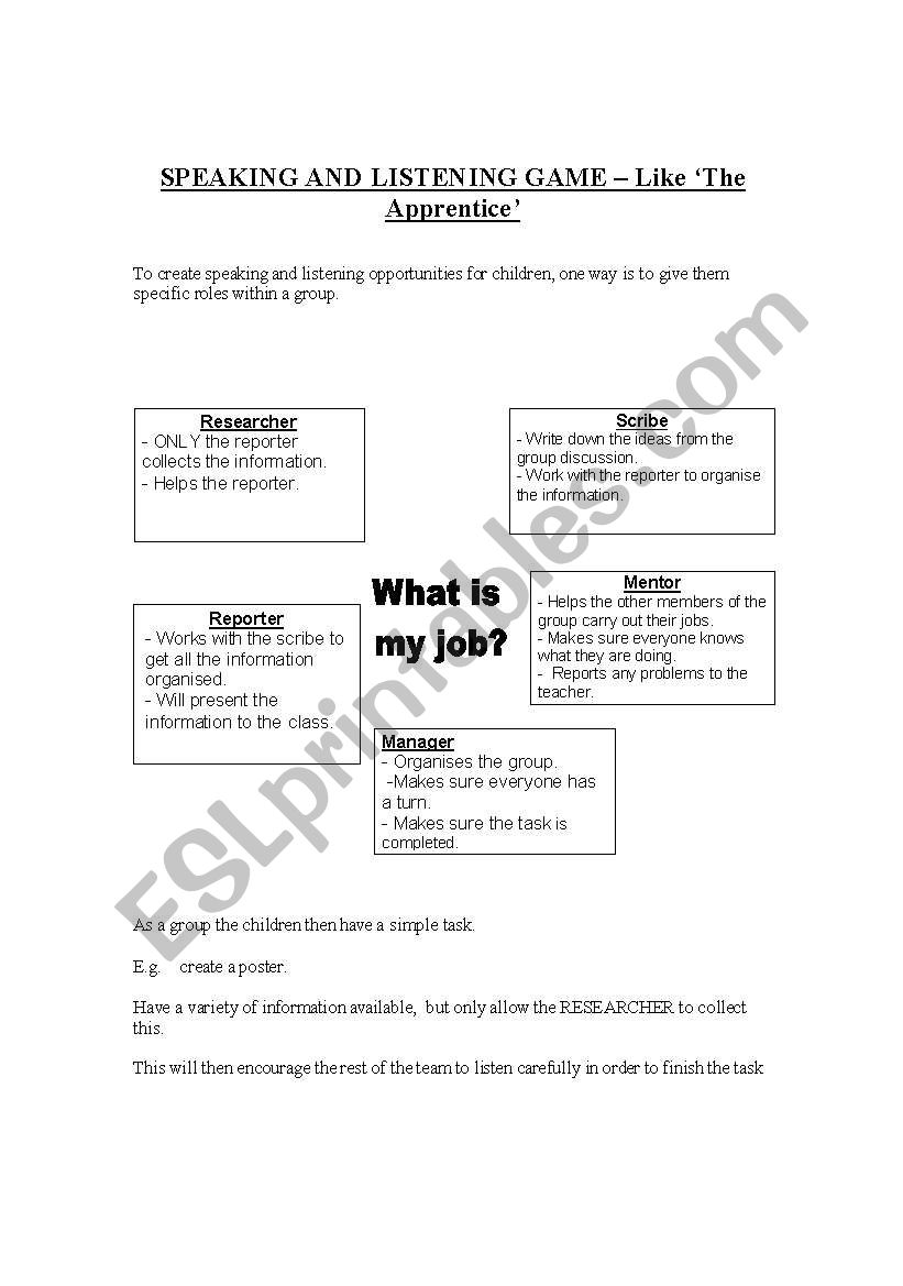 SPEAKING AND LISTENING GAME  worksheet