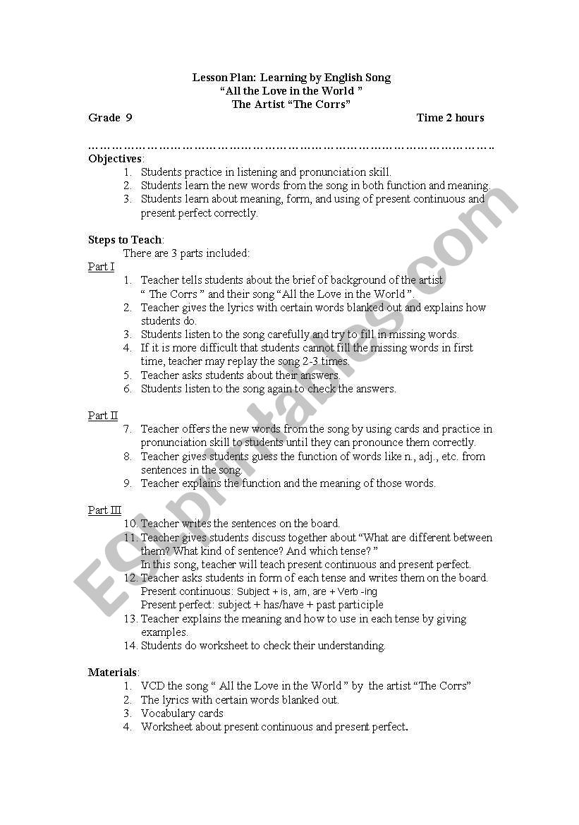 english song lesson plan worksheet