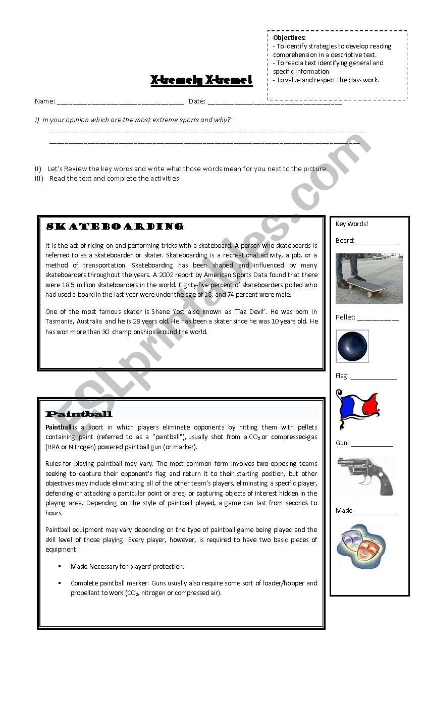 extreme sports worksheet