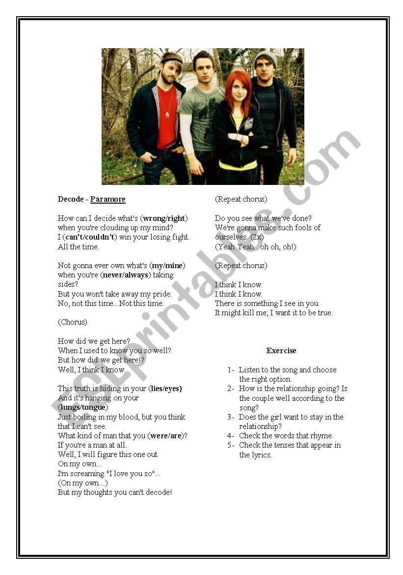  Decode by Paramore Song Activity