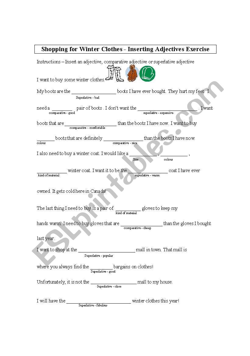 Adaptable Adjectives Exercise - Shopping for Clothes Theme - Using Comparatives and Superlatives with answer sheet