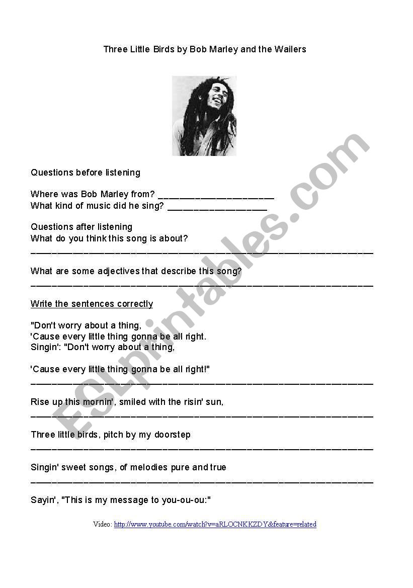 Bob Marley-Three Little Birds worksheet