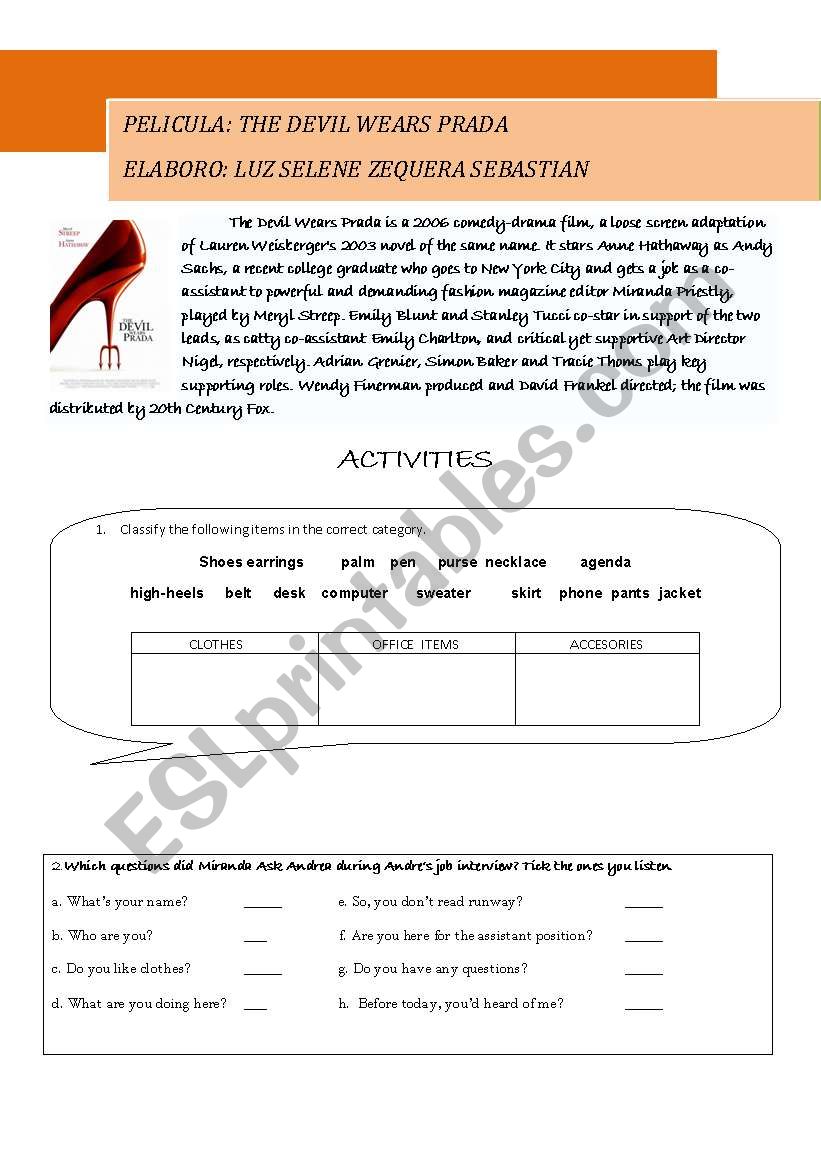 THE DEVIL WEARS PRADA worksheet