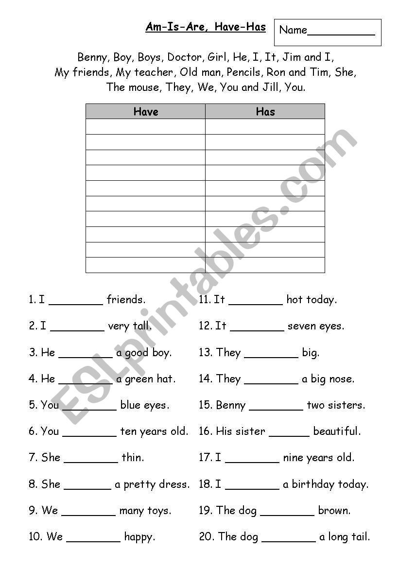 is am are / have has worksheet