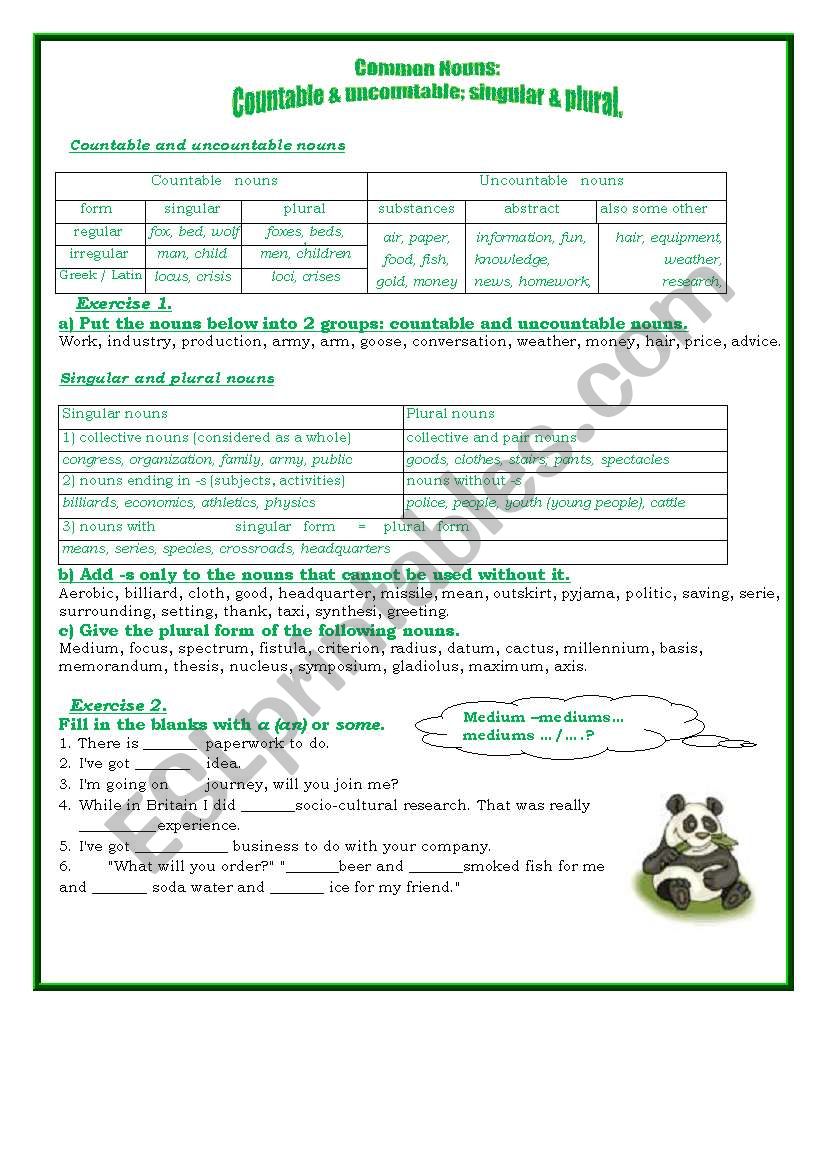 Common Nouns: countable and uncountable; singular and plural.