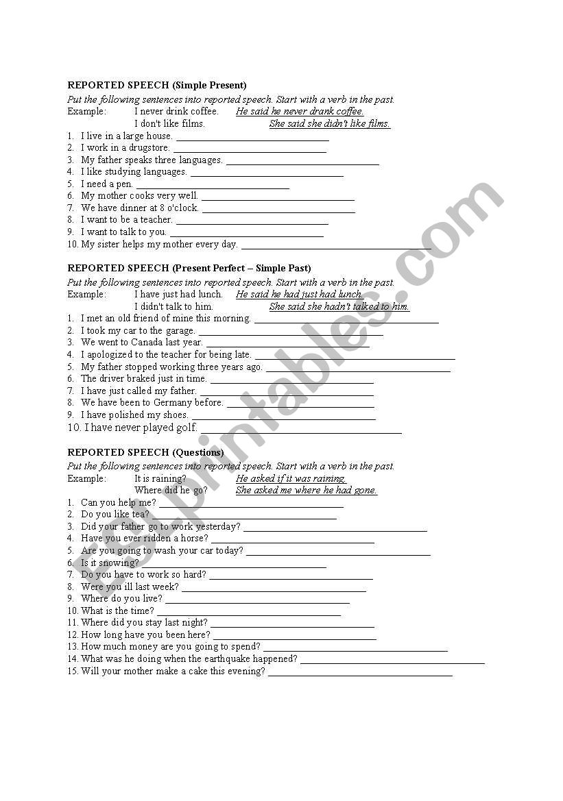 Reported Speech worksheet