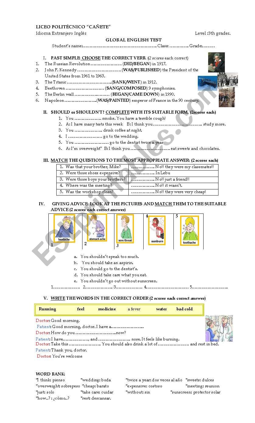 health and past events worksheet
