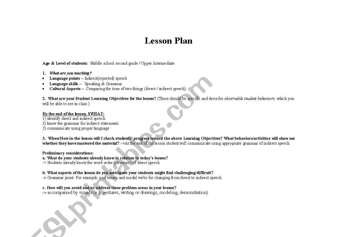 Lesson plan-reported speech worksheet
