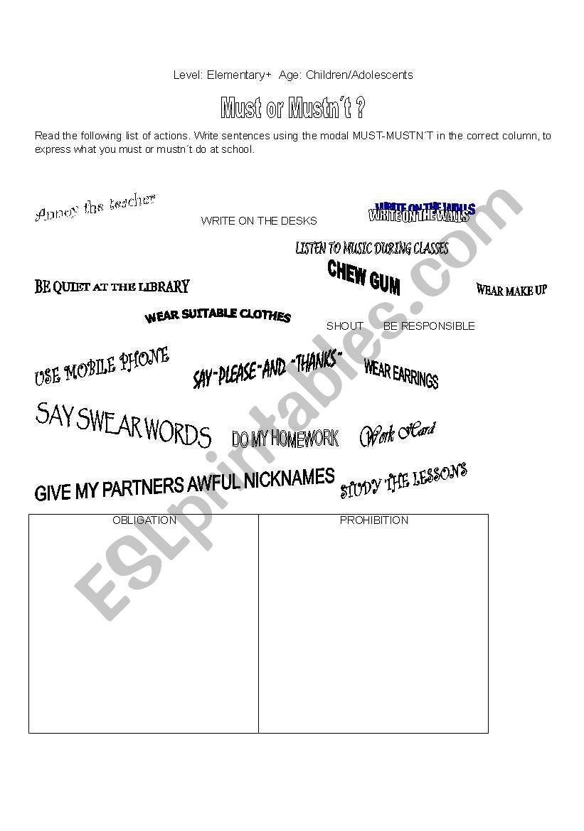 must-mustnt worksheet
