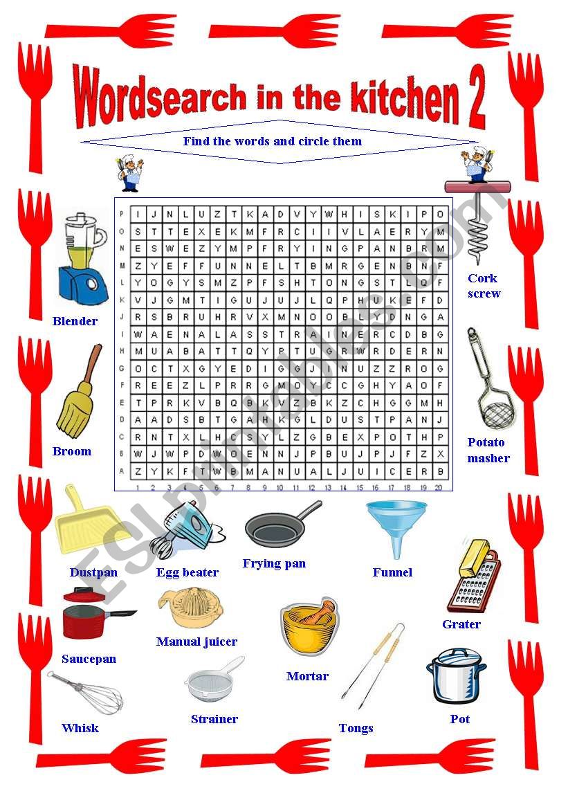 Wordsearch in the kitchen 2 worksheet