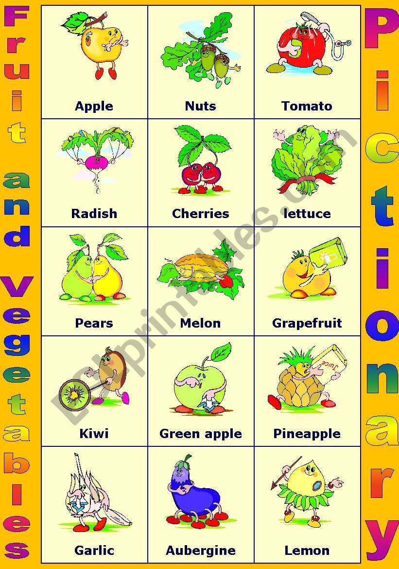 Fruit and Vegetables Pictionary/Poster + Balck and White Version