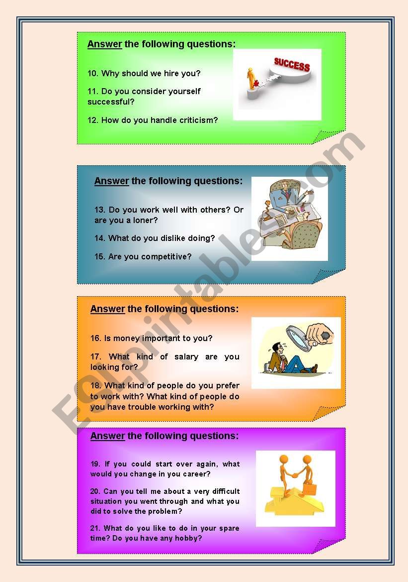 Job Interview Cards English Esl Worksheets For Distance