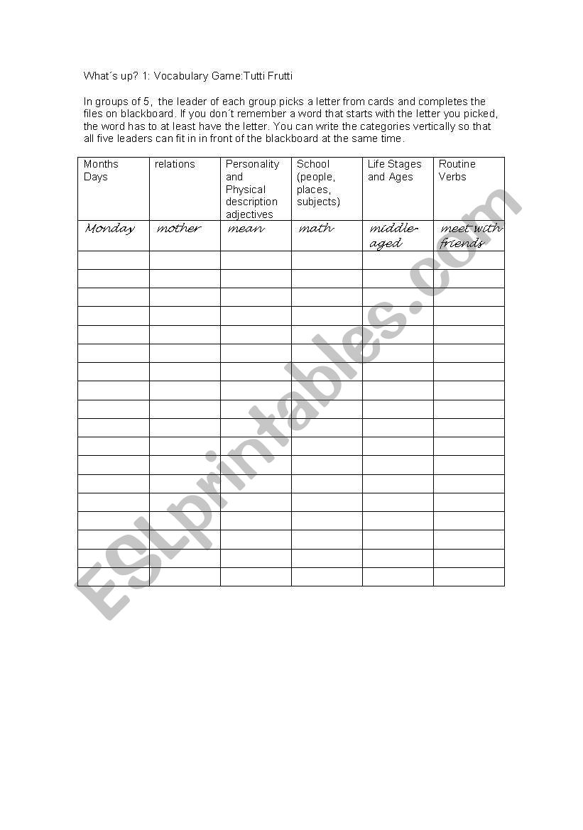 VOCABULARY GAME: TUTTI FRUTTI worksheet