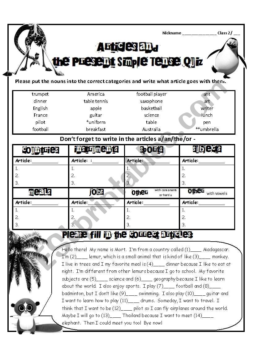 Articles quiz worksheet