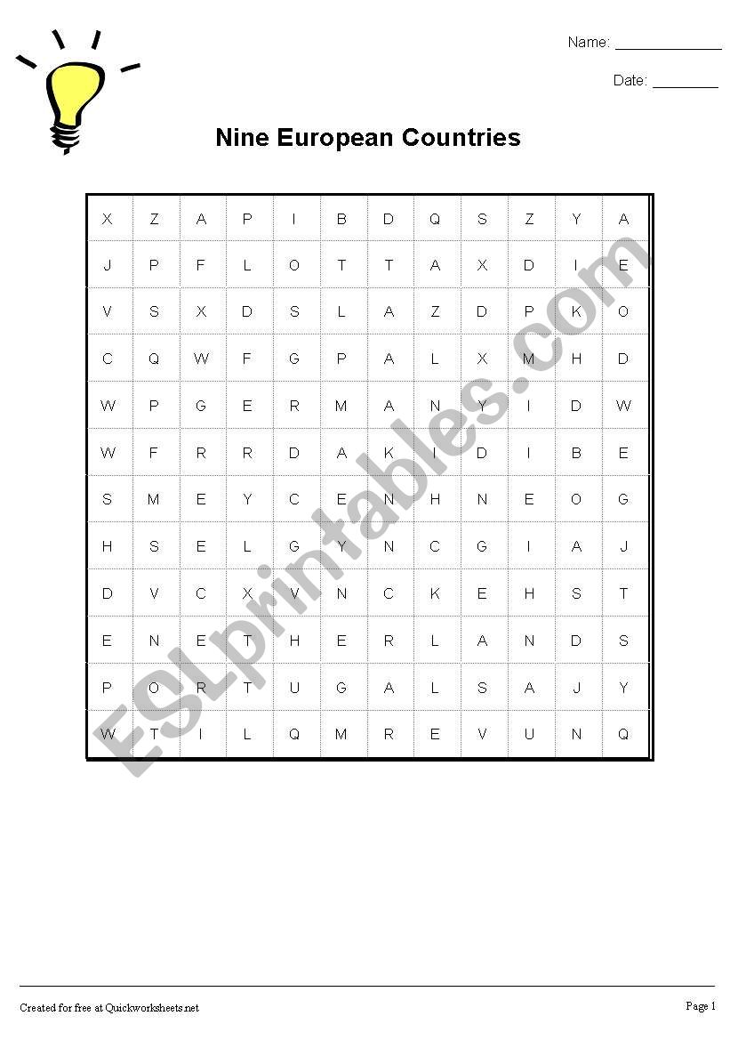 Nine European Countries Wordsearch