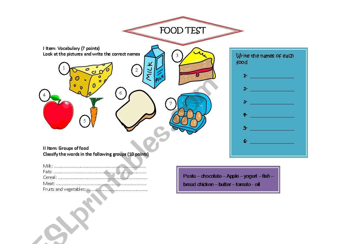 test food worksheet