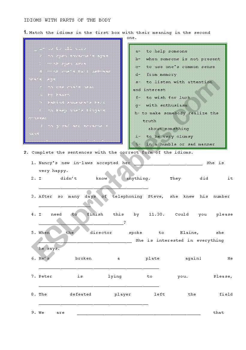 IDIOMS WITH PARTS OF THE BODY worksheet