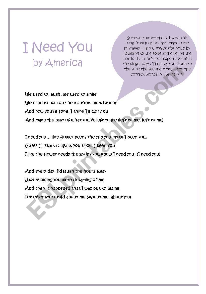 Song activity - I need you by America