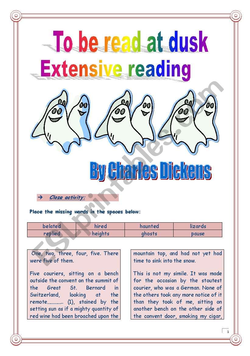 Reading time!!! To be read at dusk by CHARLES DICKENS - Cloze activity. (15 pages - KEY included)
