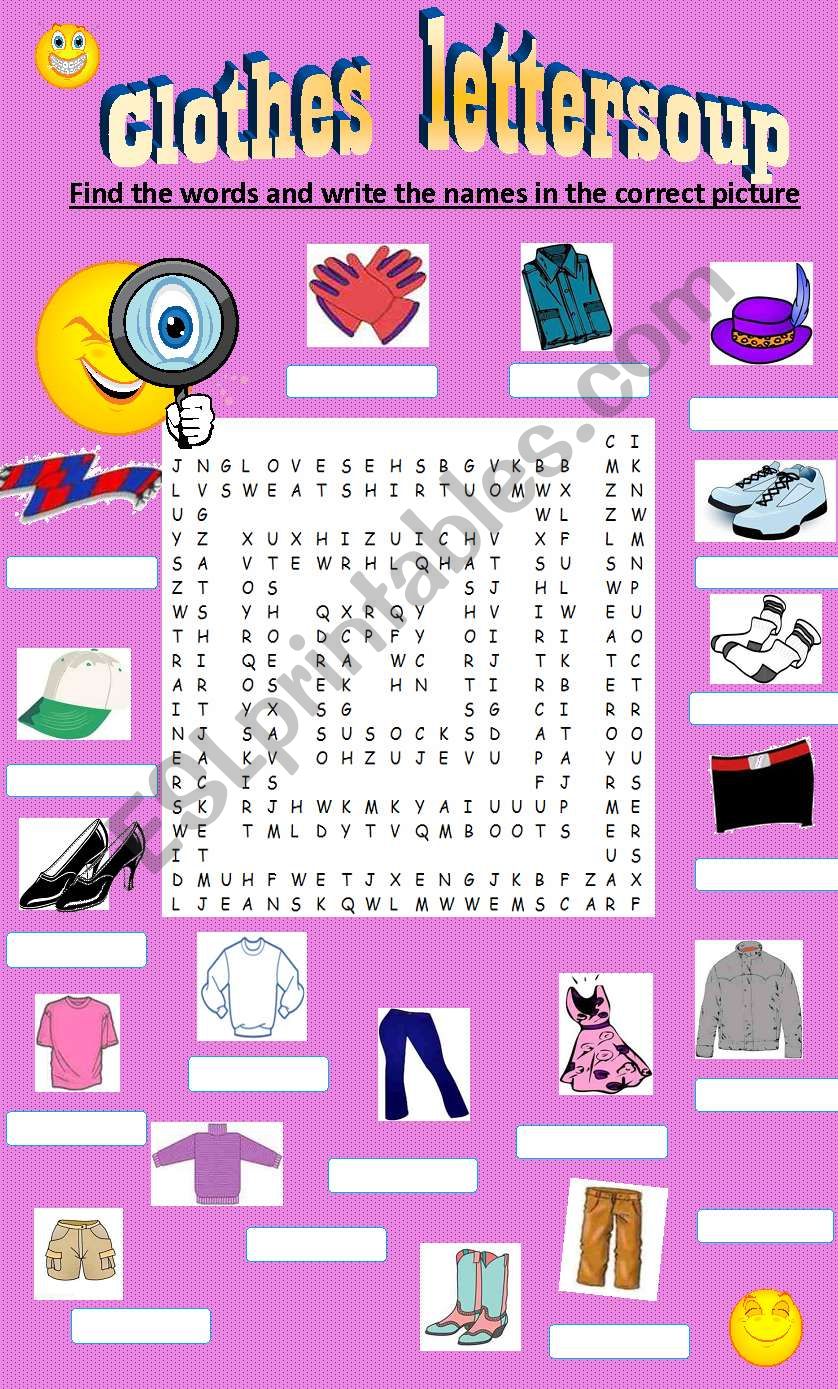 Clothes Word soup worksheet