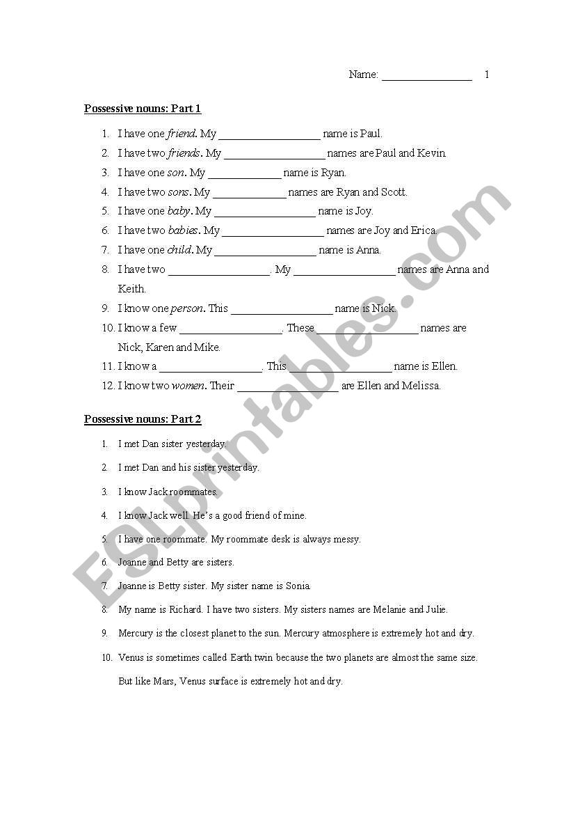 Possessives worksheet