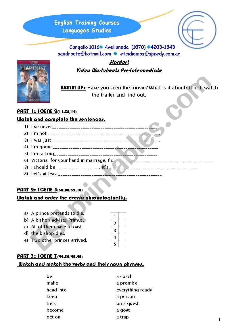 Stardust:Video Worksheet Pre Intermediate level above