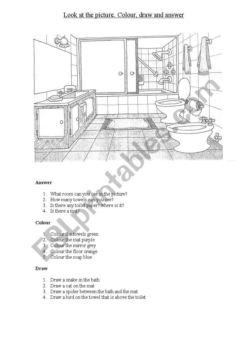 In the Bathroom - Answer, Colour and Draw